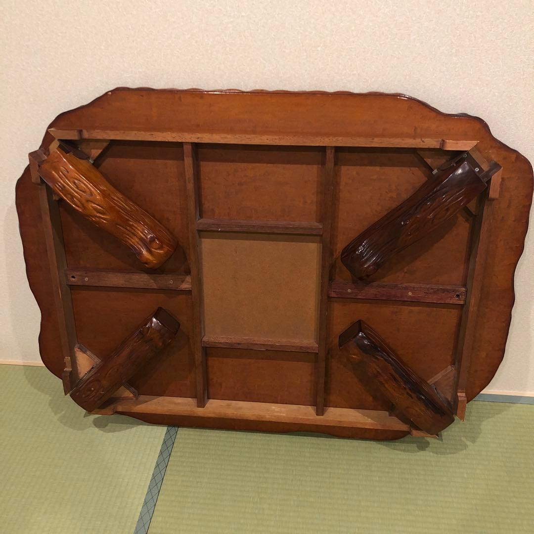 木製楕円形座卓 彫刻入り　 机　折りたたみ可能