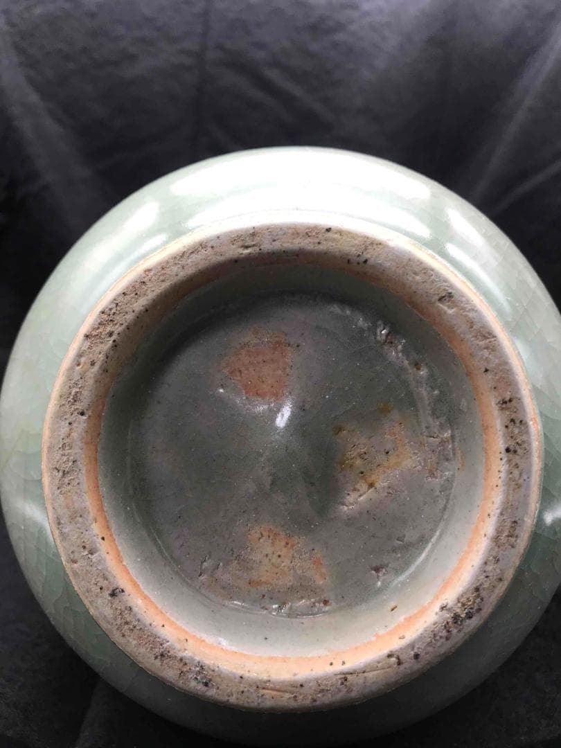 中国古玩　元時代　青磁　龍泉窯双耳瓶　旧家コレクション　蔵出し(A-35)