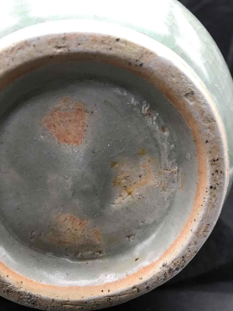 中国古玩　元時代　青磁　龍泉窯双耳瓶　旧家コレクション　蔵出し(A-35)