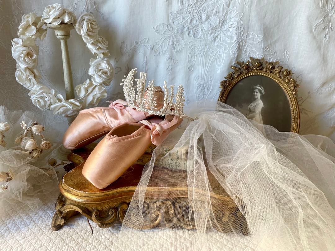 チュールベール付きワックスフラワーティアラ マリアージュ冠フランスアンティーク