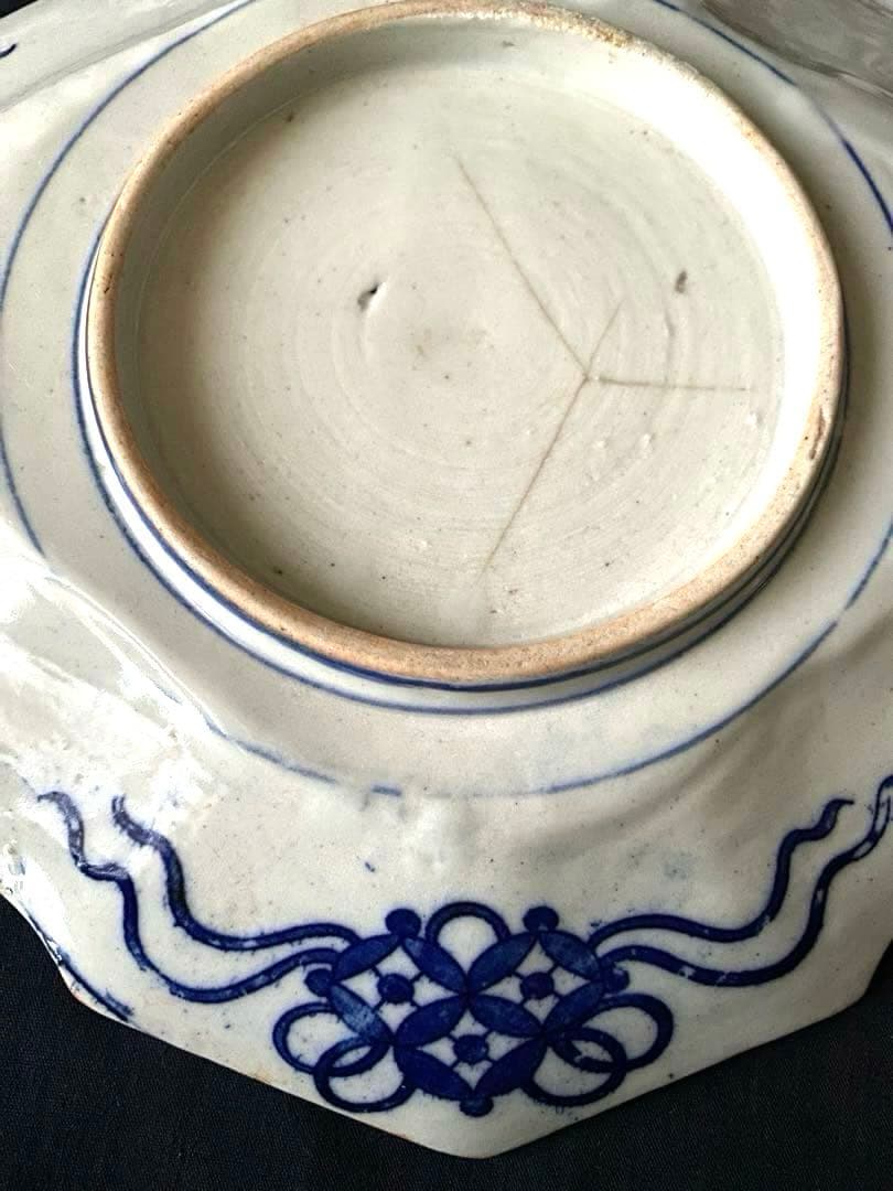 骨董　明治印判皿　鶴亀吉祥図菱皿　変形皿