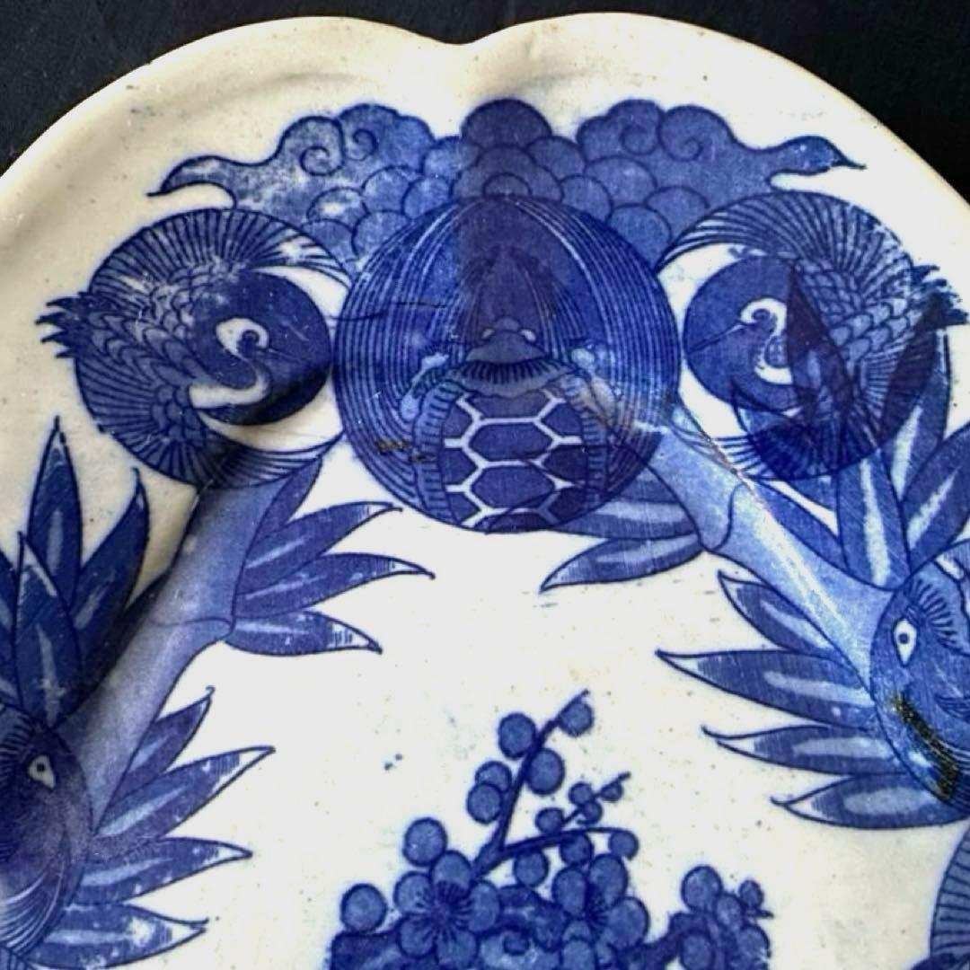 骨董　明治印判皿　鶴亀吉祥図菱皿　変形皿