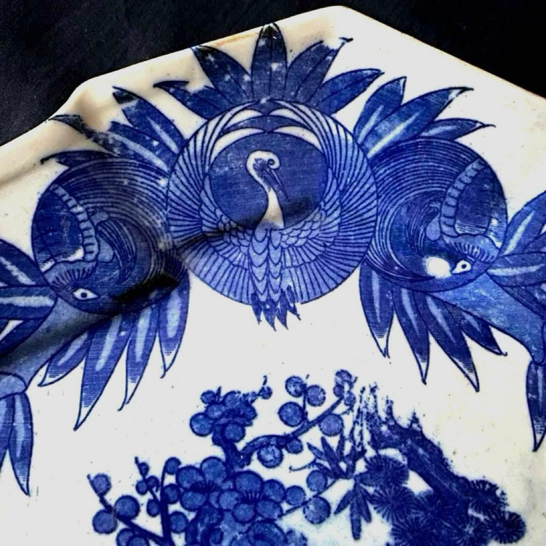 骨董　明治印判皿　鶴亀吉祥図菱皿　変形皿