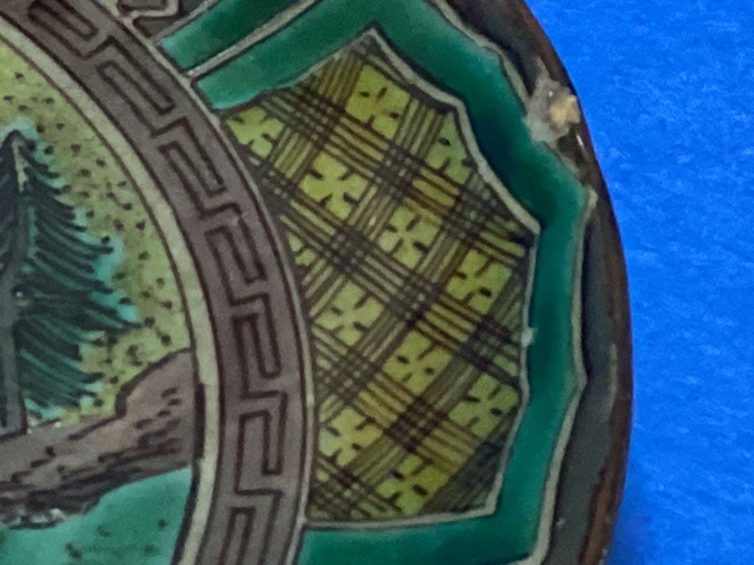 青手　再興九谷　五彩　山水色絵　緑角福　江戸時代後期〜幕末　皿　骨董　希少品