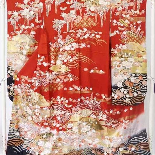 【中古品】振袖・エンジ下黒波【b232】/成人式/卒業式/結婚式/