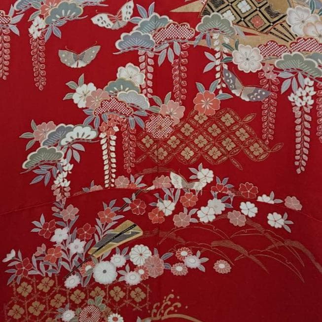 【中古品】振袖・エンジ下黒波【b232】/成人式/卒業式/結婚式/