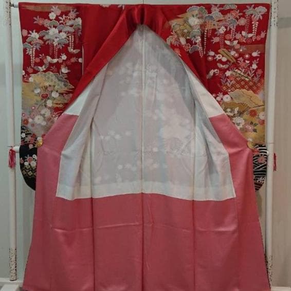 【中古品】振袖・エンジ下黒波【b232】/成人式/卒業式/結婚式/