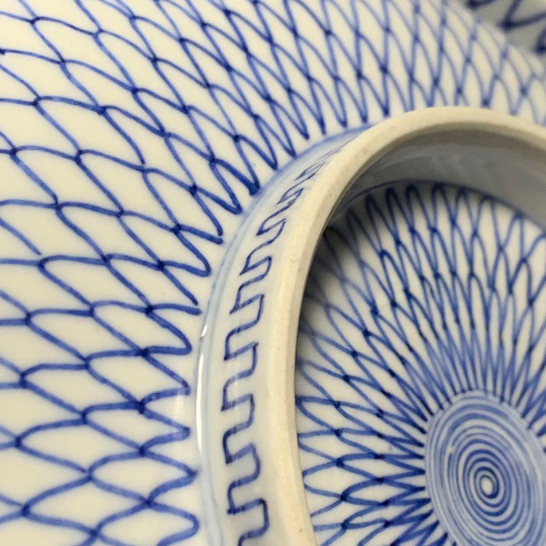 K631☆古伊万里 染付 手書き 網手 蓋もの 江戸後期