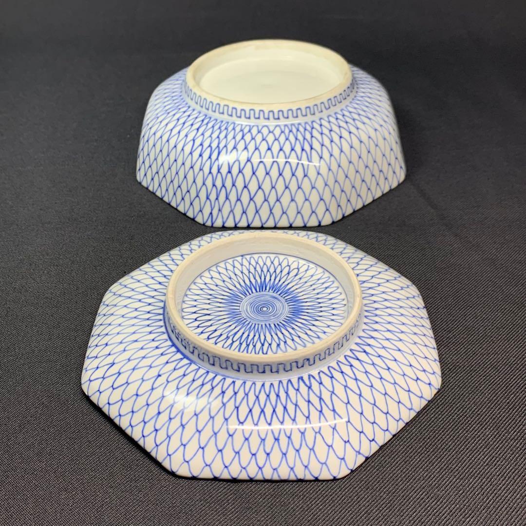 K631☆古伊万里 染付 手書き 網手 蓋もの 江戸後期