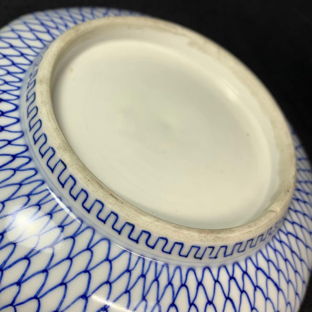 K631☆古伊万里 染付 手書き 網手 蓋もの 江戸後期