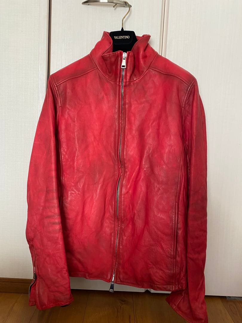 wjkレザーシングルライダースジャケット L 赤