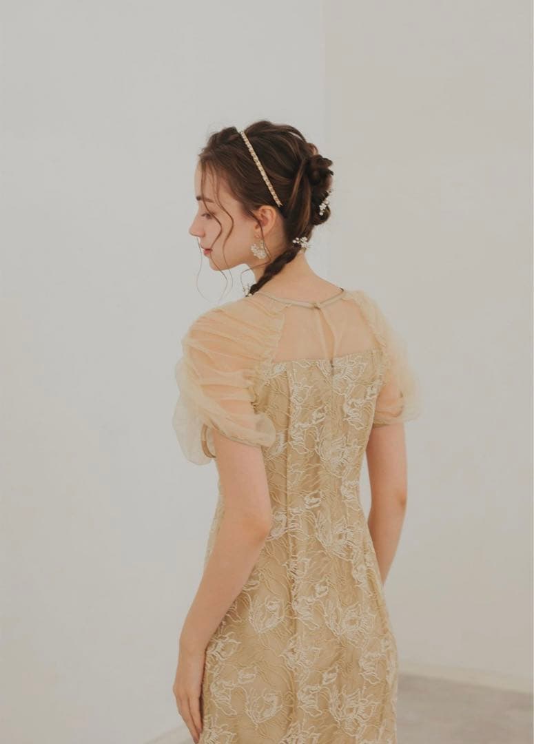 【新品未使用】Dorry DollフラワーチュールギャザーパフドレスMイエロー