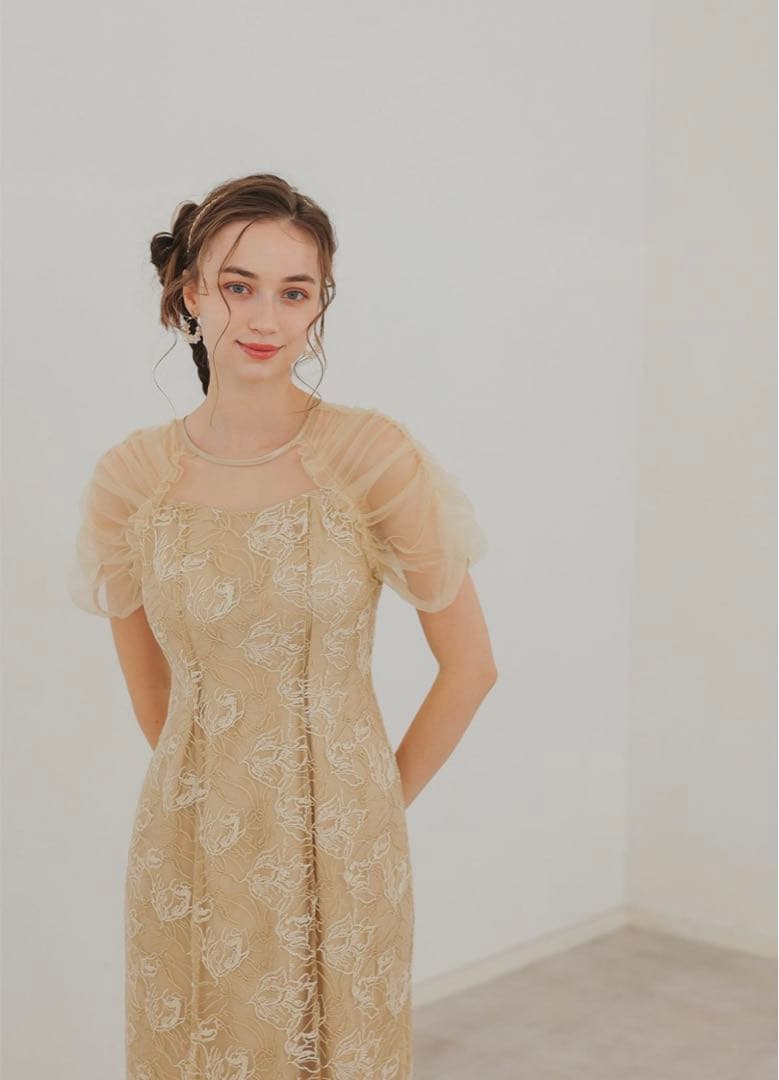 【新品未使用】Dorry DollフラワーチュールギャザーパフドレスMイエロー