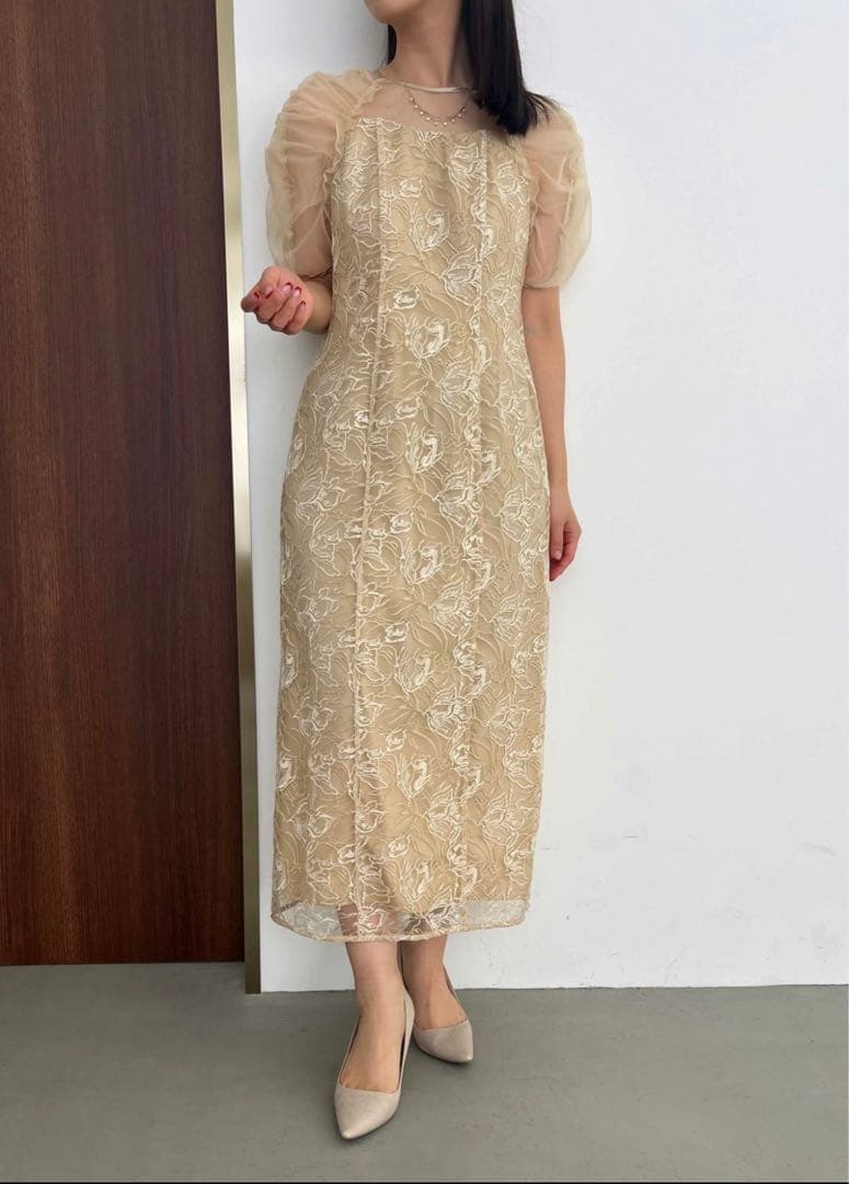 【新品未使用】Dorry DollフラワーチュールギャザーパフドレスMイエロー