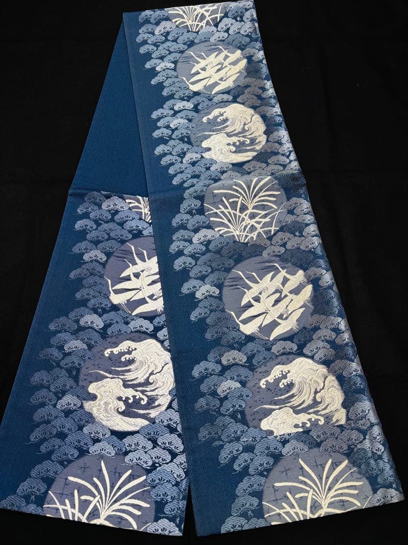 【未使用】藍染 袋帯 六通 満月 松浪鶴