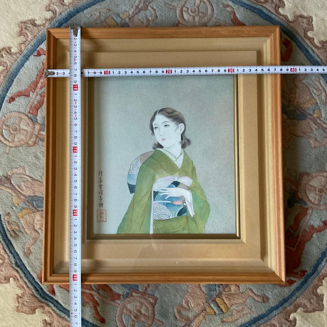 肉筆画　模写　日本画 女性像 金色フレーム 約40cm x 35cm