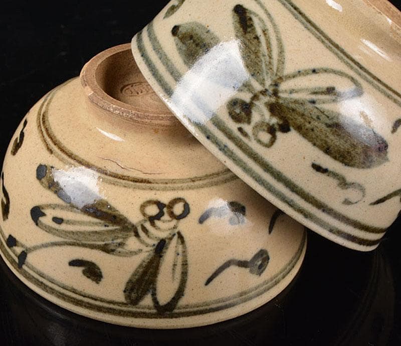 萬古焼　安南模写　蜻蛉絵　酒盃　煎茶器　五客　時代箱付　V　R4747