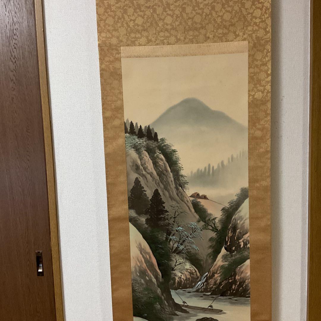 富田頼渓 絹本彩色画山水図 表具絹本共概ね良好 桐合箱