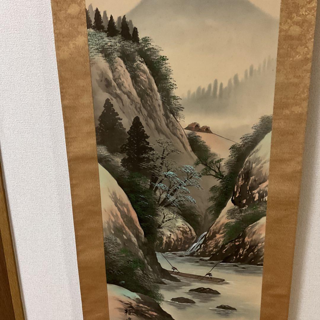 富田頼渓 絹本彩色画山水図 表具絹本共概ね良好 桐合箱