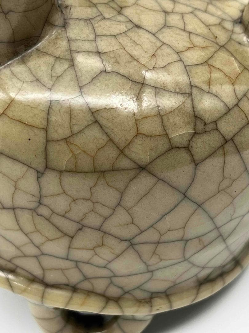 宋時代　青磁　汝官窯包金氷裂紋 支釘焼き 双耳三足香炉(C-81)