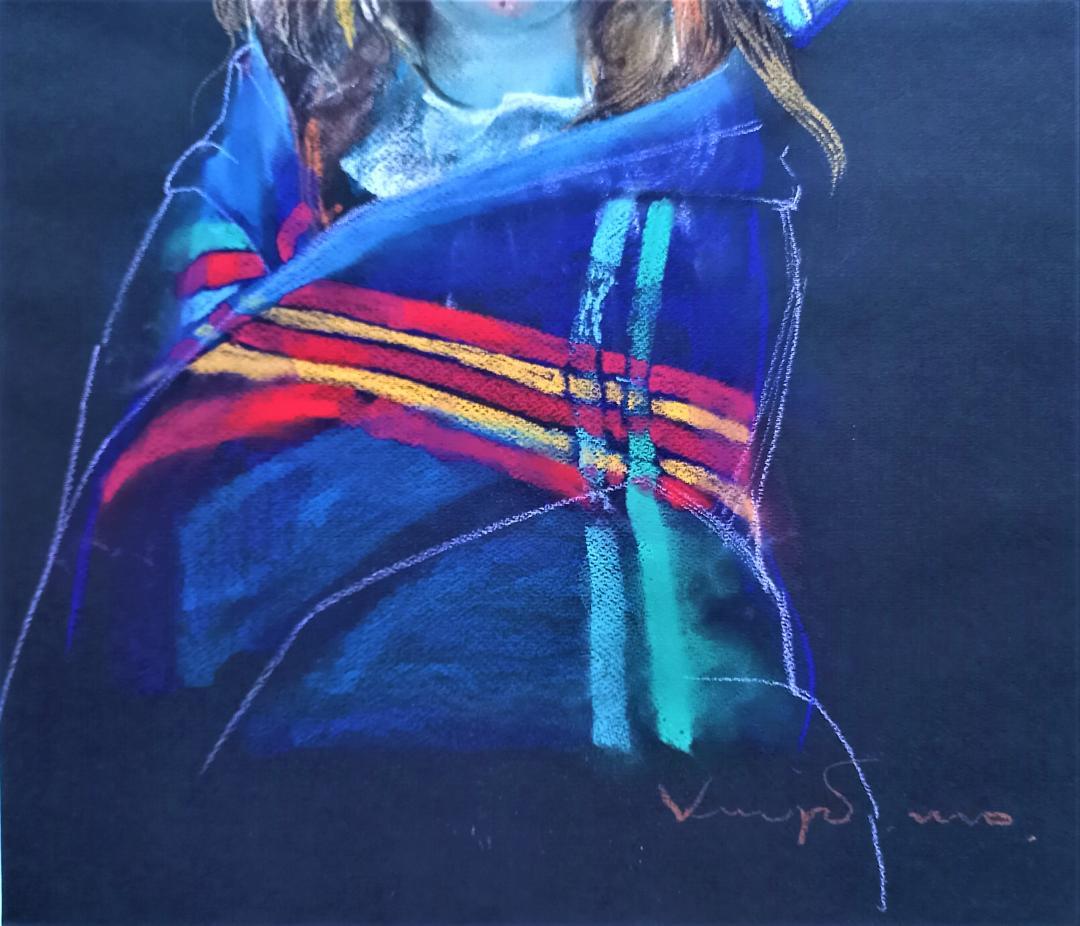 外国人画家の作品　人形を描いたパステル画　実力ある画家の大型サイズの絵