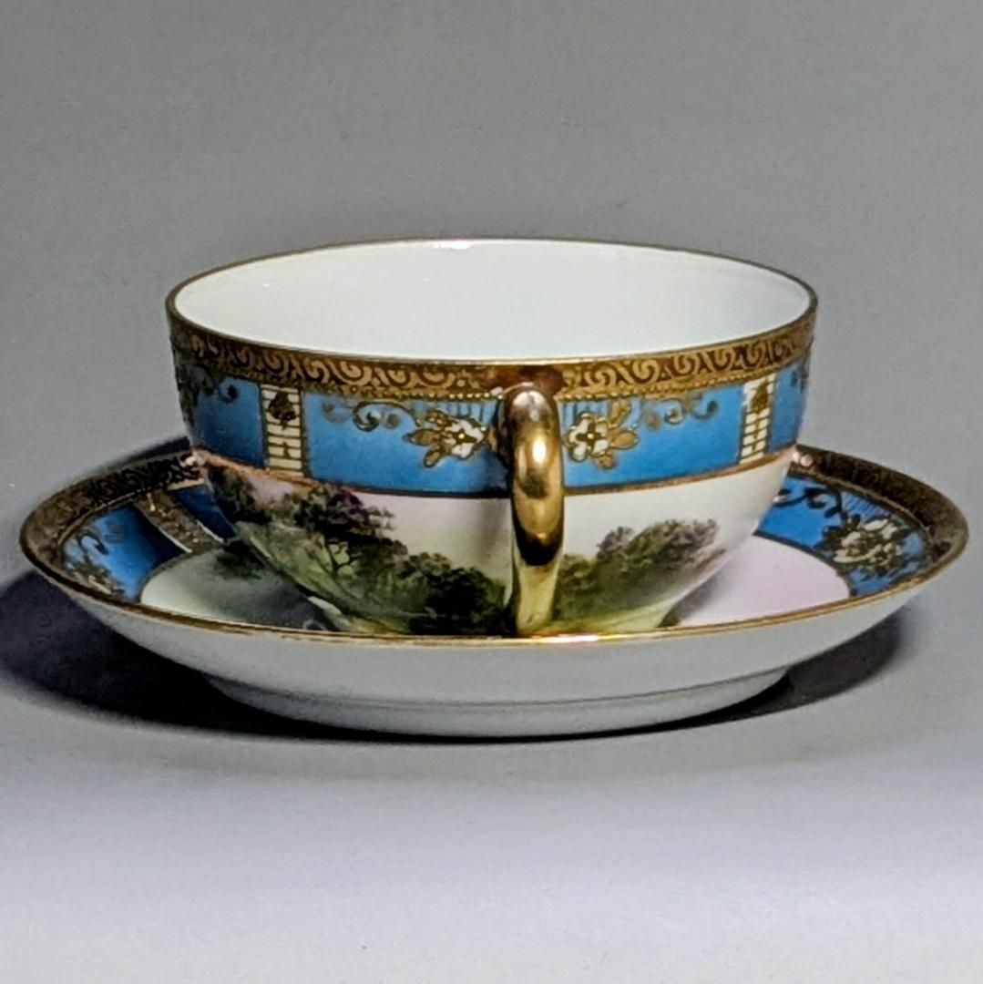 オールドノリタケ カップ＆ソーサー　金彩金盛上湖畔風景白鳥図 　　有名パターン