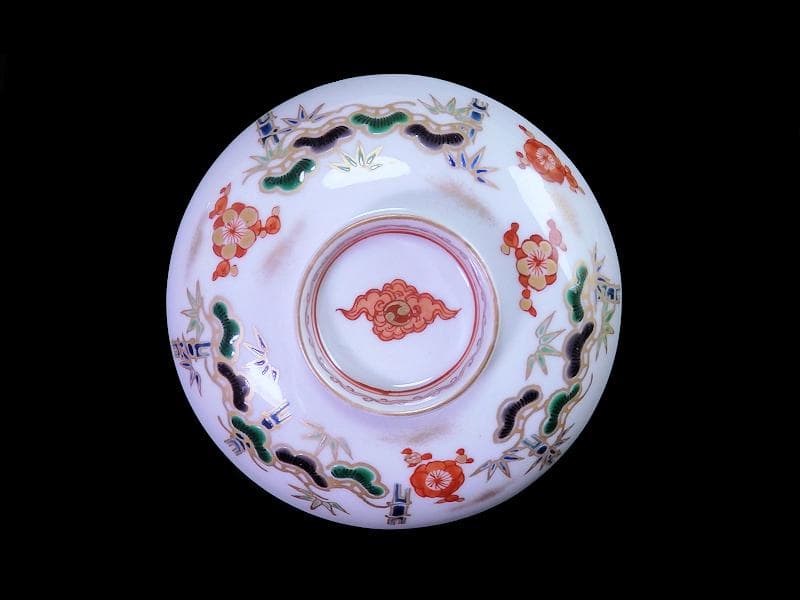 九谷　金襴手　松竹梅の図　大振蓋茶碗　２客　E938AS-CQx