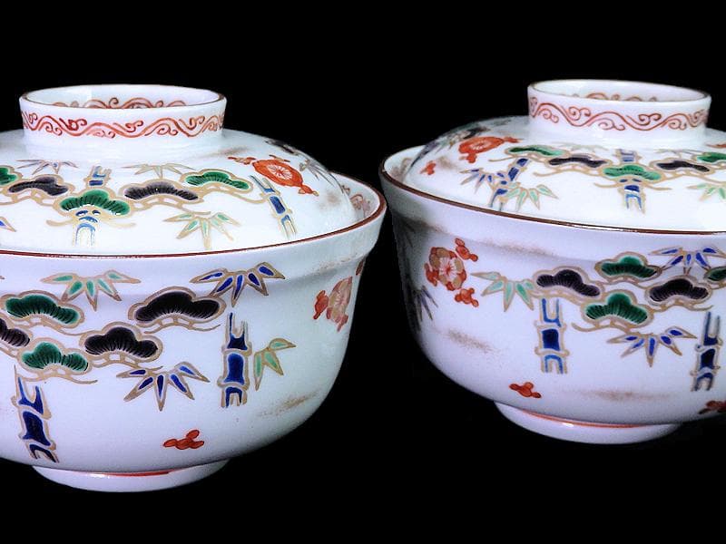 九谷　金襴手　松竹梅の図　大振蓋茶碗　２客　E938AS-CQx