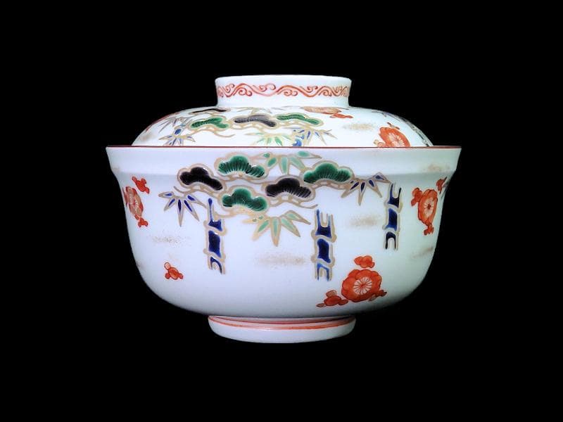 九谷　金襴手　松竹梅の図　大振蓋茶碗　２客　E938AS-CQx