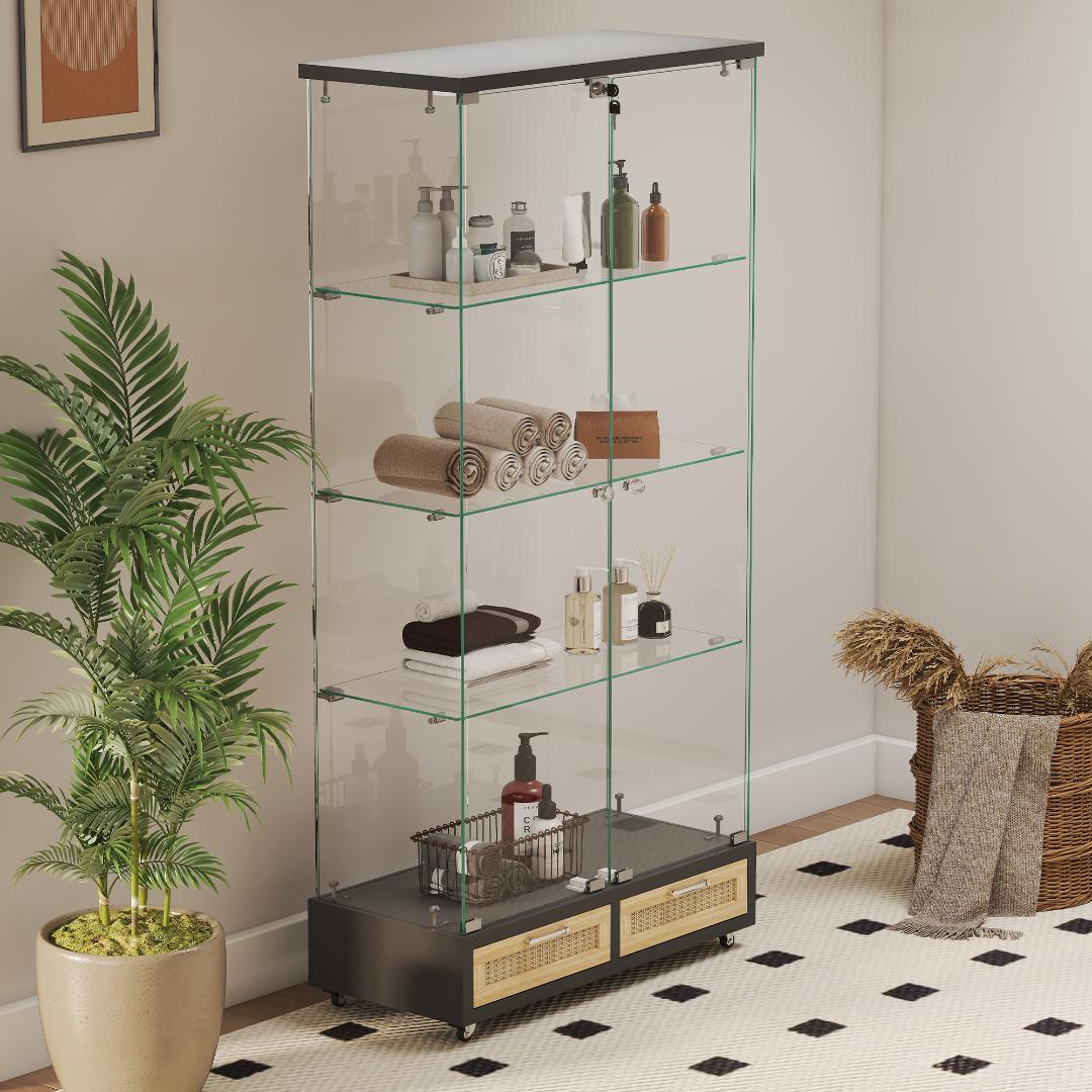 【ブラック+ナチュラル】LED・引出し付 ガラス収納キャビネット4段 両開ドア