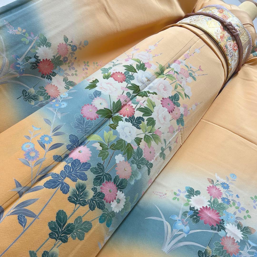401 振袖フルセット 正絹 オレンジ 橙 友禅 作家物 暈し染め やまと誂え
