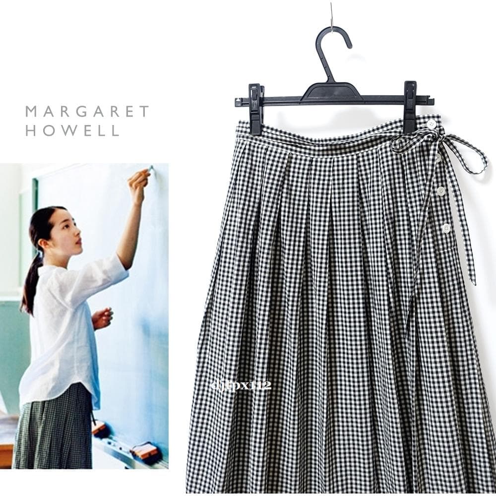 極美品*マーガレットハウエル*リボンベルト付 ギンガムチェック プリーツスカート