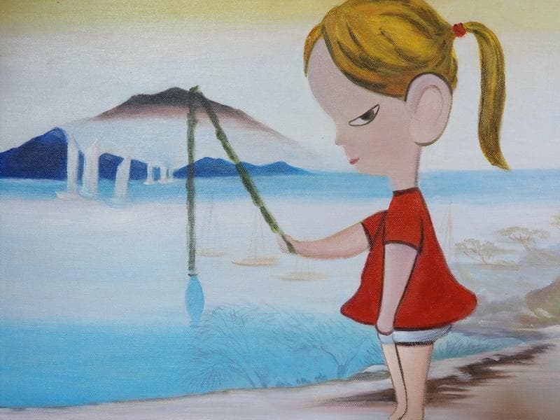 人物画　油絵　奈良美智　女の子と釣り　F6　額付き　手描き　肉筆