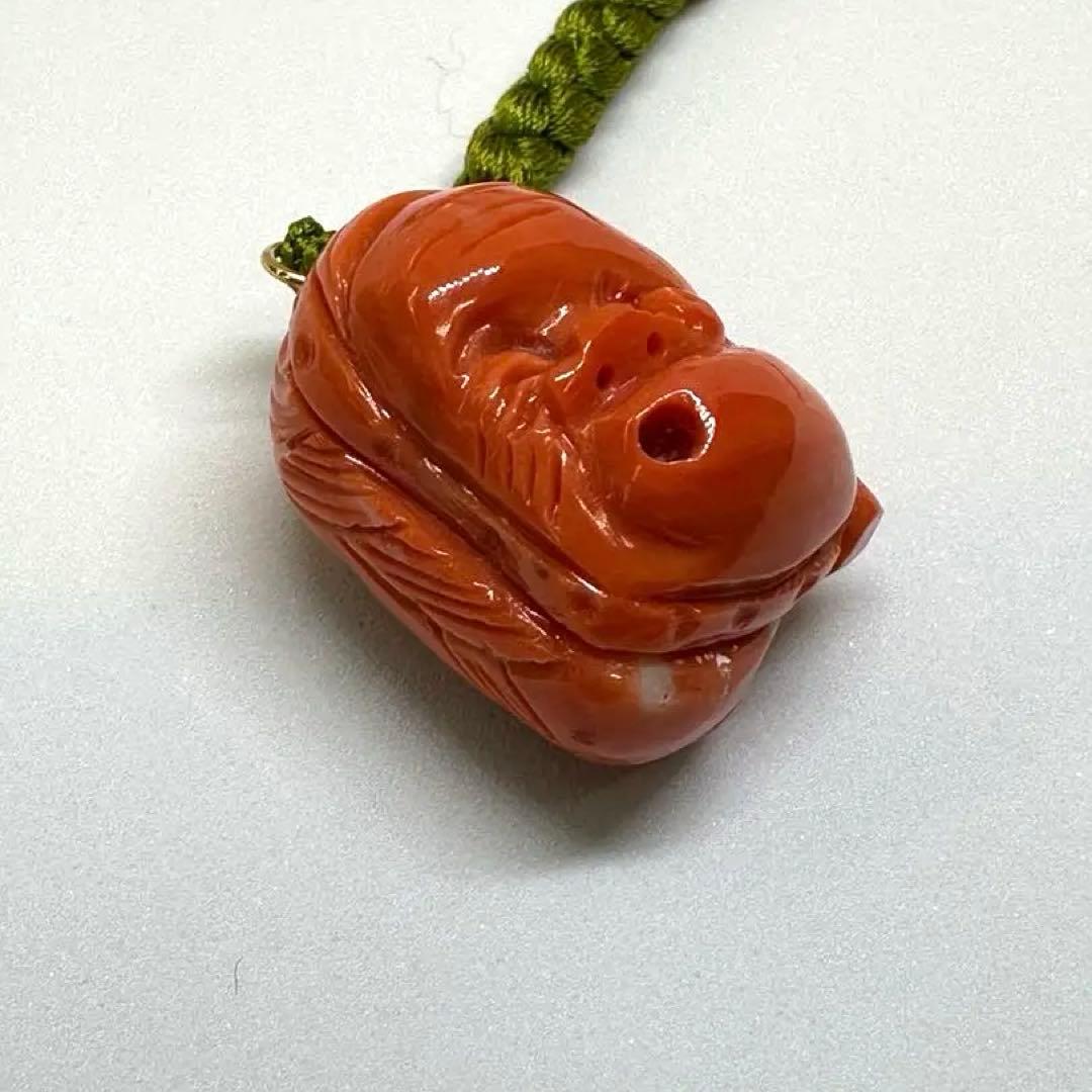 能面　天然珊瑚両面彫刻　おかめ　ひょっとこ　k18金