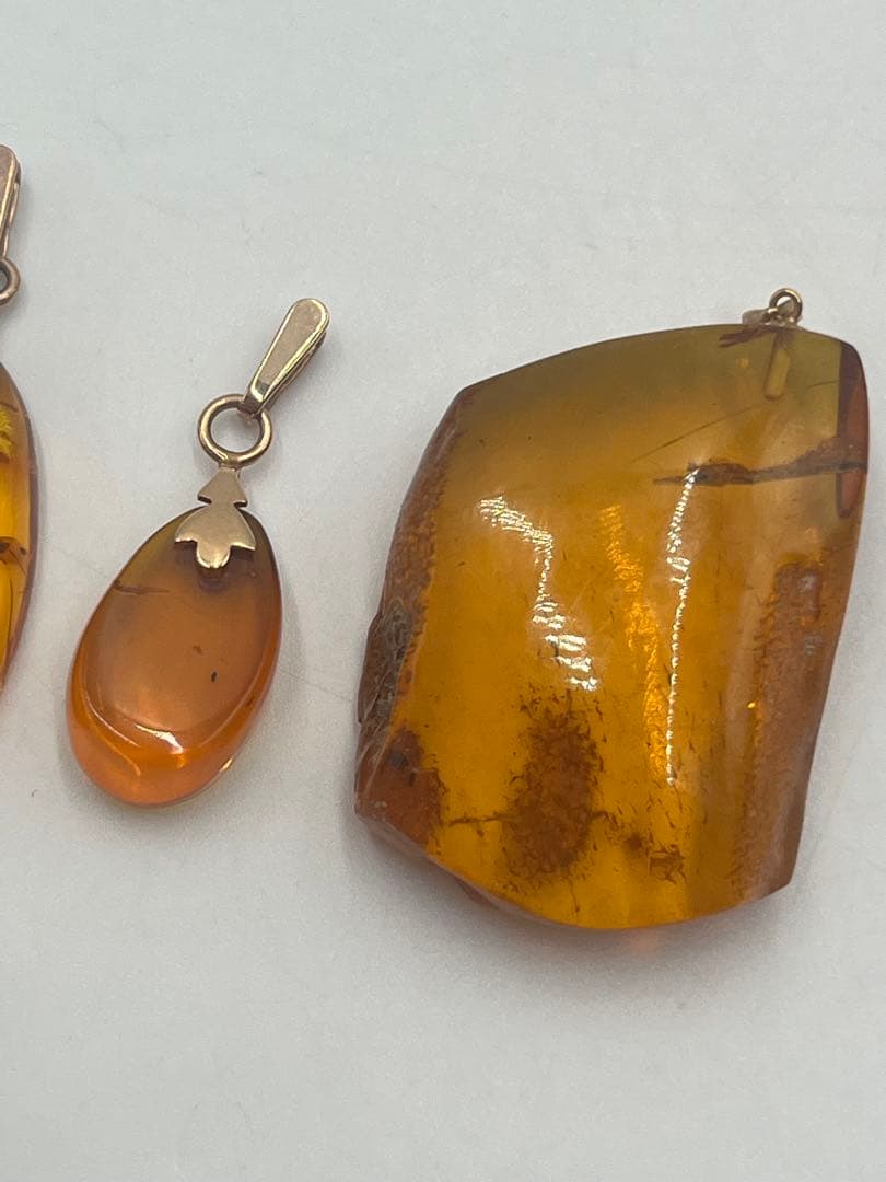 大粒　琥珀　ペンダントトップ　3点まとめ売り　K14 K18