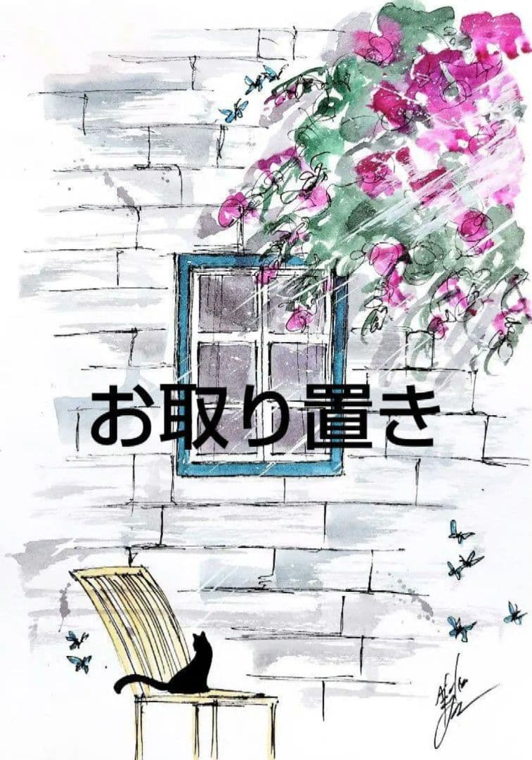 原画#3097　黒猫　猫　薔薇　花　水彩画　ドローイング　インテリア　アート　絵