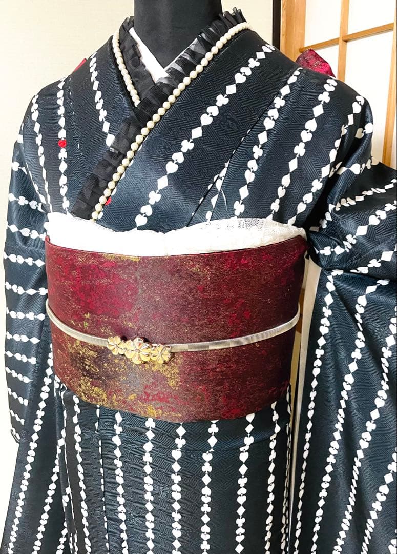 振袖 黒地 着物 袷 洗える 新品 未使用 ブラック おしゃれ 縦縞 トランプ