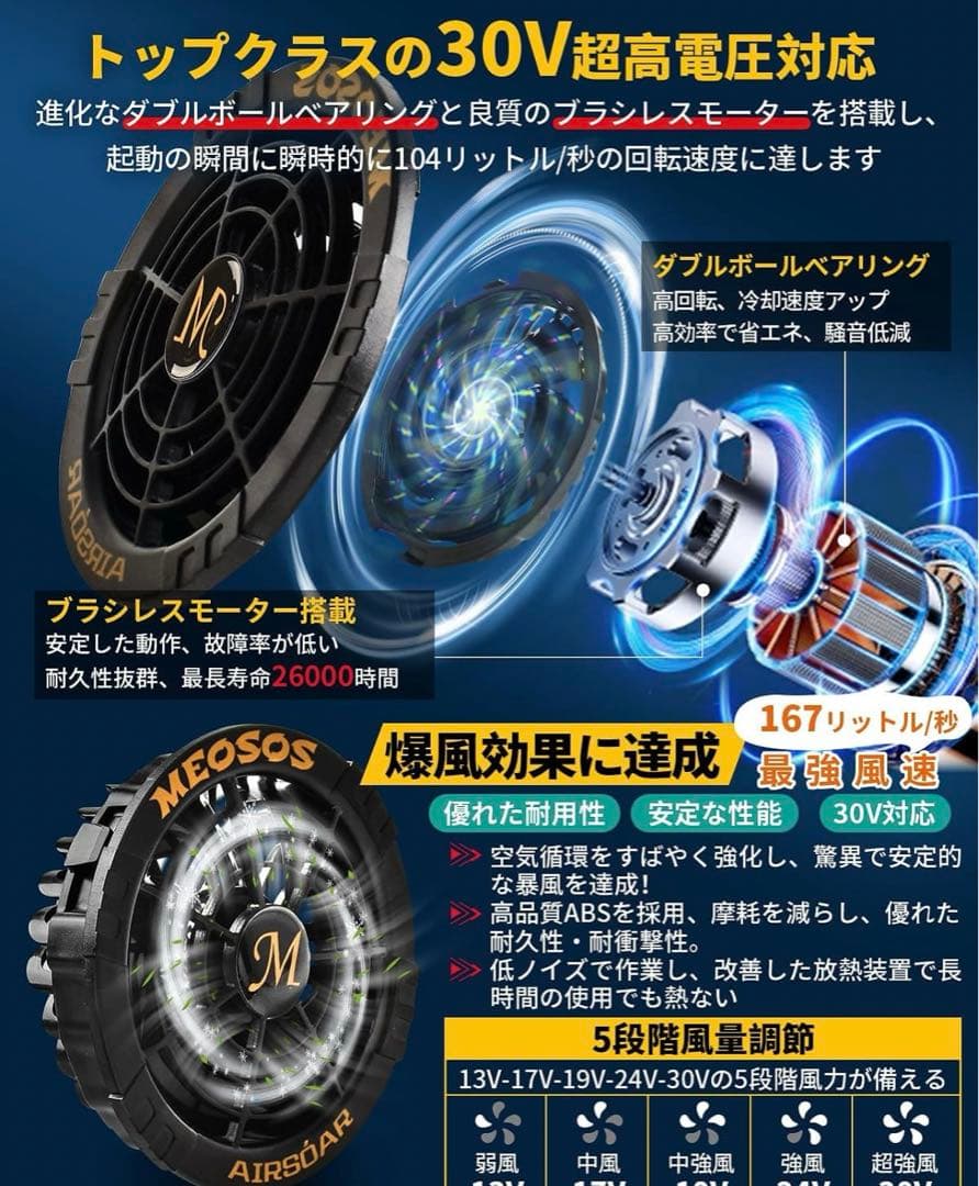 エアコン作業服、半袖、扇風機付き、30000mahバッテリー2XL