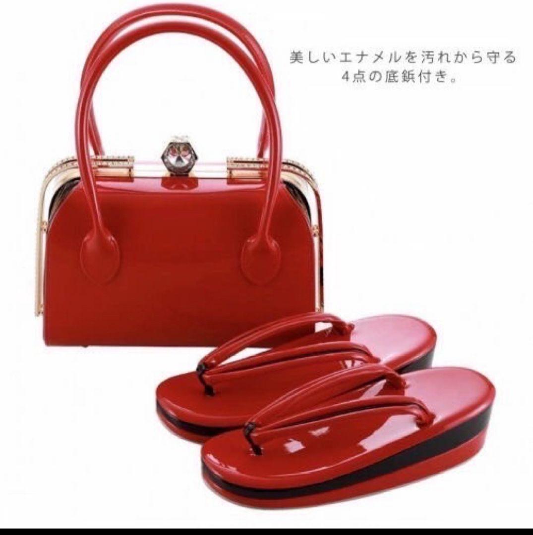 赤エナメル　和装バック&草履セット