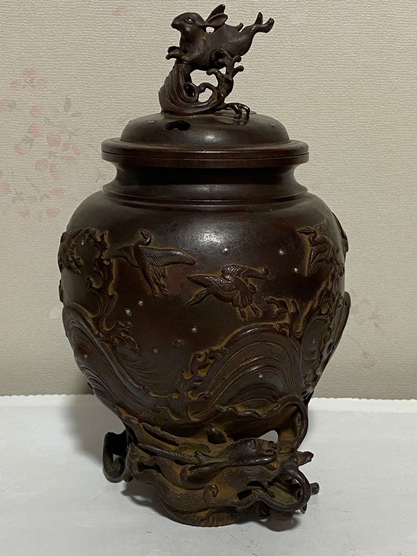 ♦蝋型細密鋳金 象嵌 波乗り兎 波千鳥文 波乗り龍足 香炉 唐金 美術品 骨董品