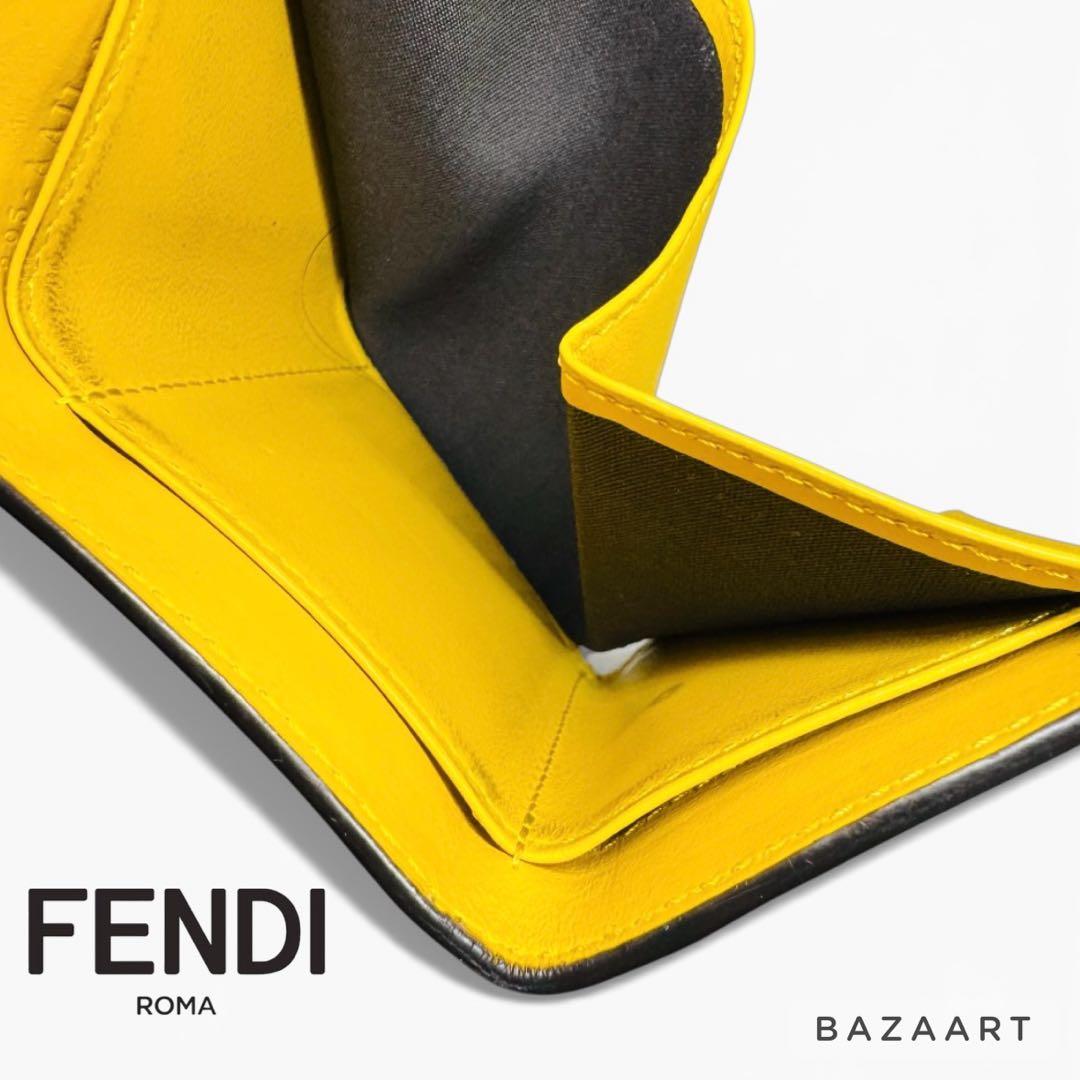 FENDI フェンディ 三つ折り財布 レザー ズッカ 黄色 イエロー ブラウン