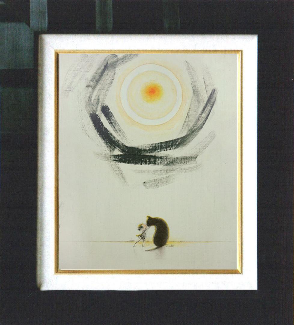 油絵 菅家令子絵 絵画インテリア額付(青緑＋金色の枠)F3-092018犬猫女子