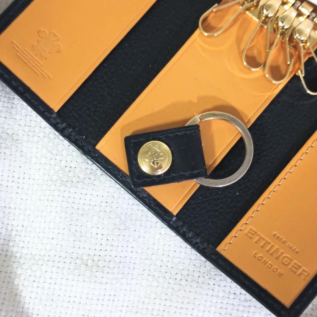 エッティンガーETTINGERブライドルレザーフック付きキーケース紺ネイビー黄