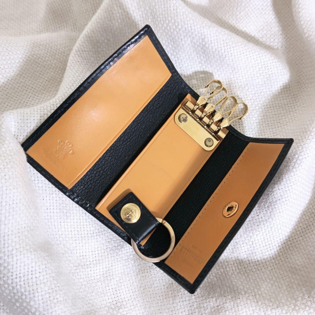 エッティンガーETTINGERブライドルレザーフック付きキーケース紺ネイビー黄