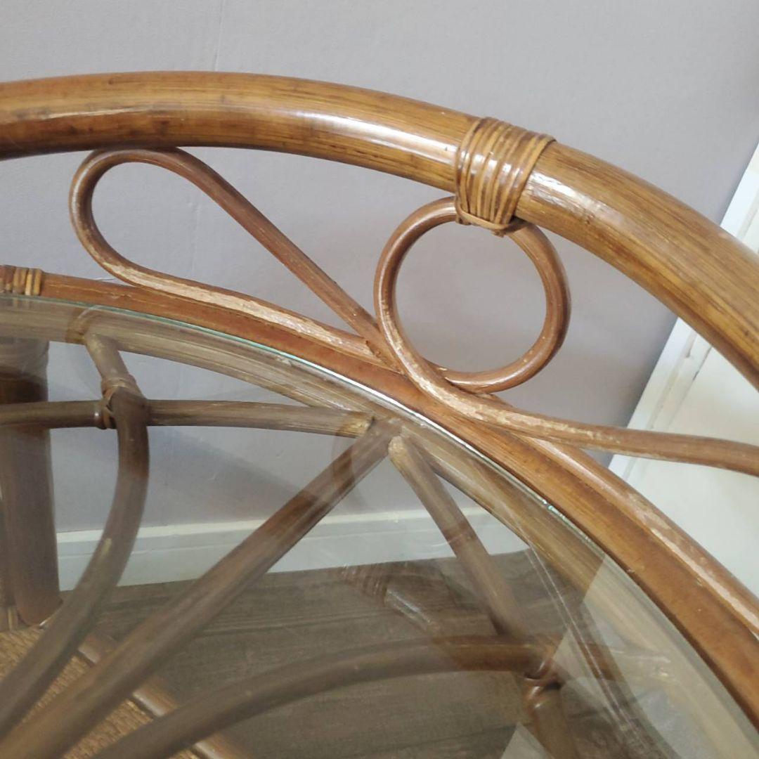 ラタン 円形 ガラステーブル 籐 レトロ アンティーク キャスター付き