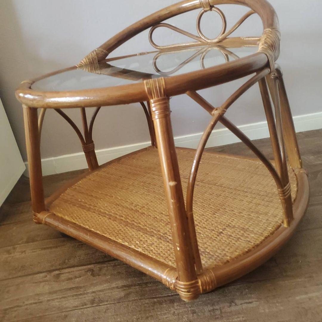 ラタン 円形 ガラステーブル 籐 レトロ アンティーク キャスター付き