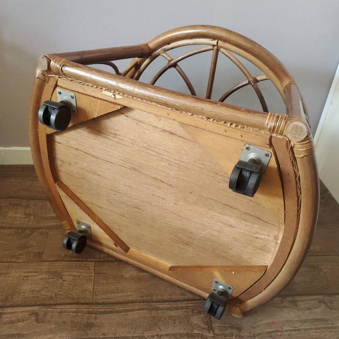 ラタン 円形 ガラステーブル 籐 レトロ アンティーク キャスター付き