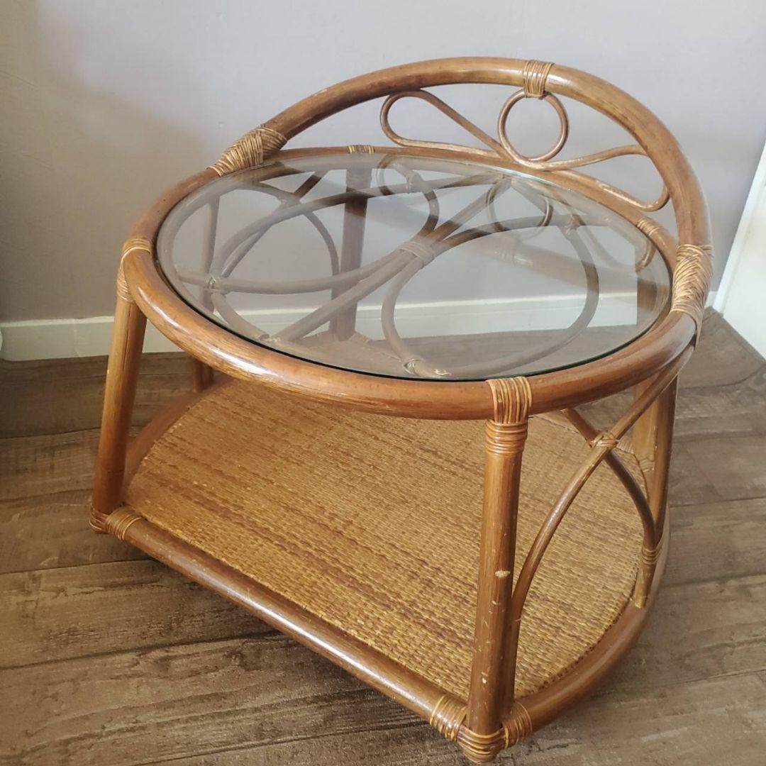ラタン 円形 ガラステーブル 籐 レトロ アンティーク キャスター付き