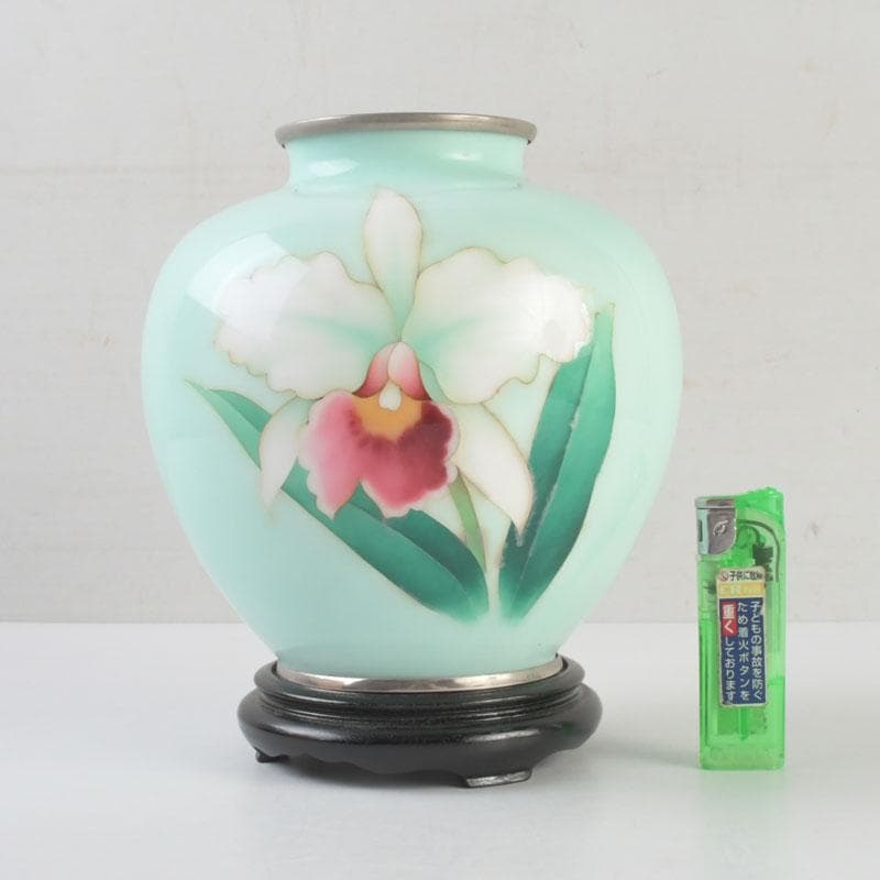 七宝焼　花文　花瓶　唐木台付　共箱　V　9254