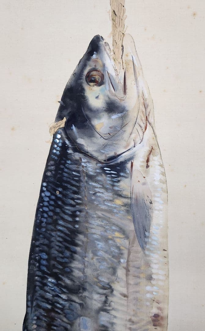 【鮭の寒風干しに鼠】熊田耕風 2673 サケとネズミ 共箱 掛け軸 肉筆